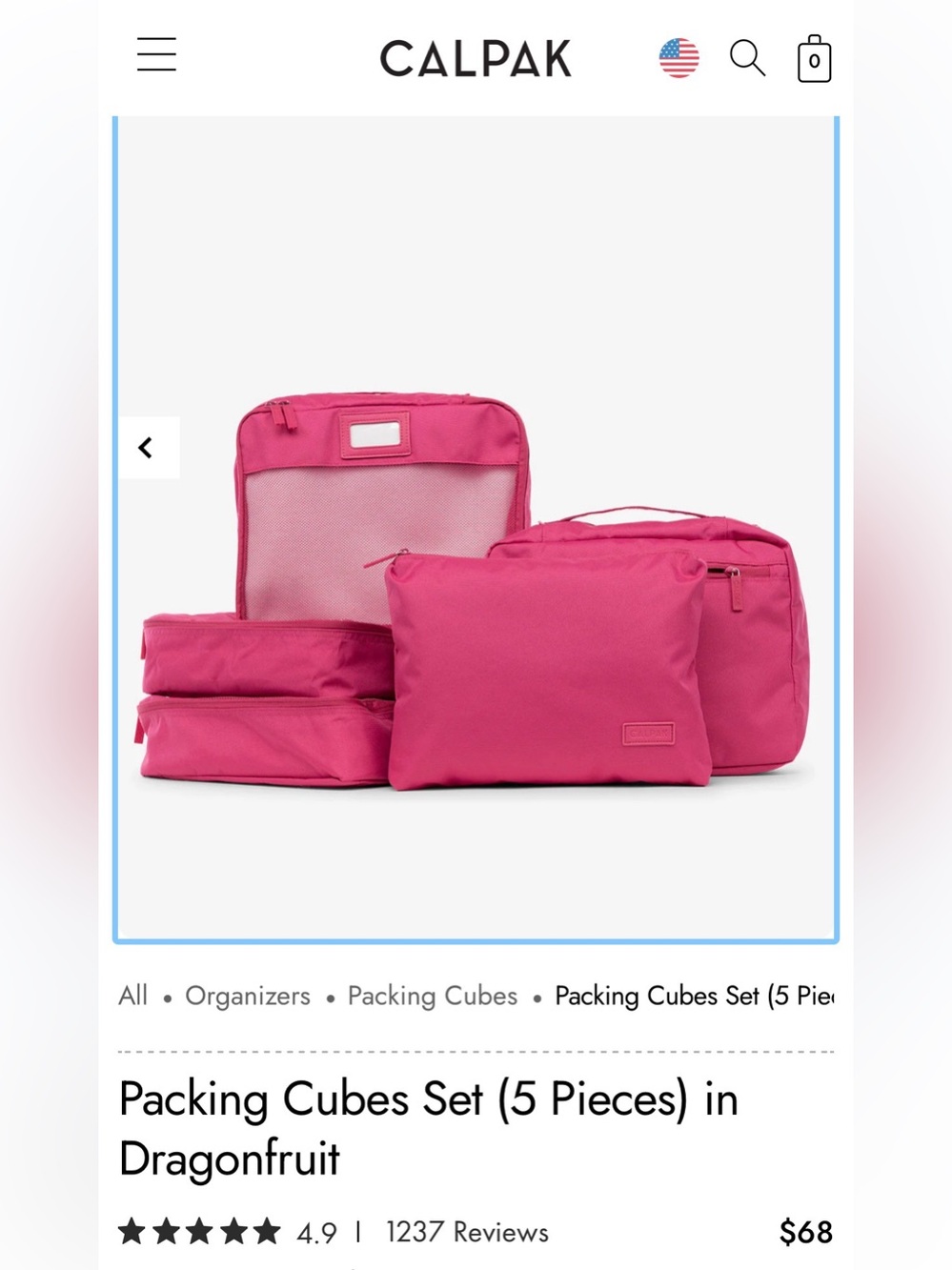 Calpak Dragonfruit Pink 5-Piece Packing Cube Set- Brand new